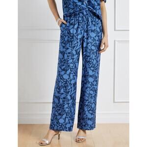 Talbots Blue Wide Leg Pull On Pants Placed Vines Print Women’s Size MP Medium